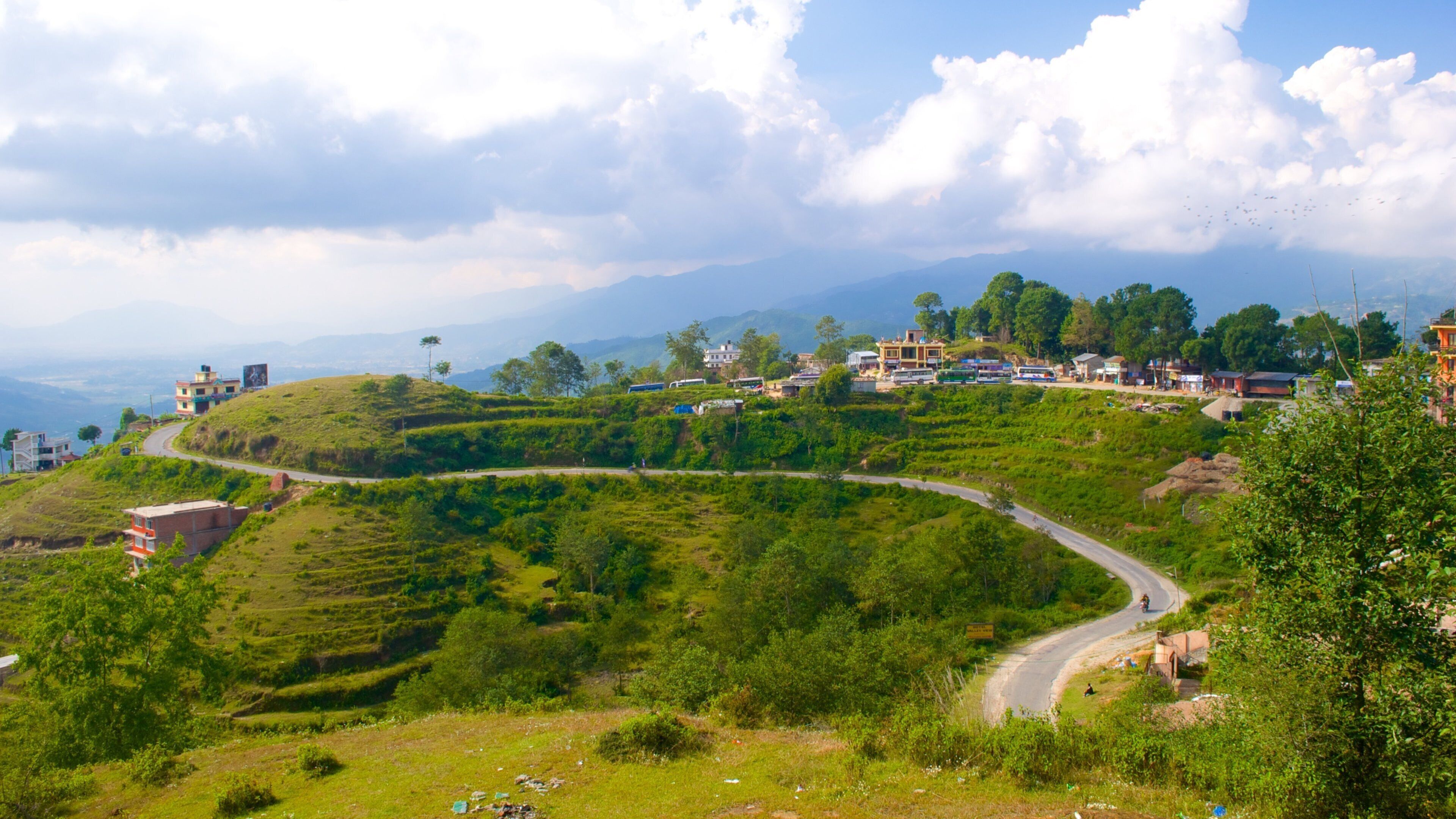 A winding road through terraced fields, with buildings and trees in the background.