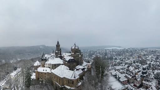 Braunfels Castle in Winter with snow, with Hubertus Tower, New Keep, Georgen Tower and Alter Stock, Braunfels, Hesse, Germany,