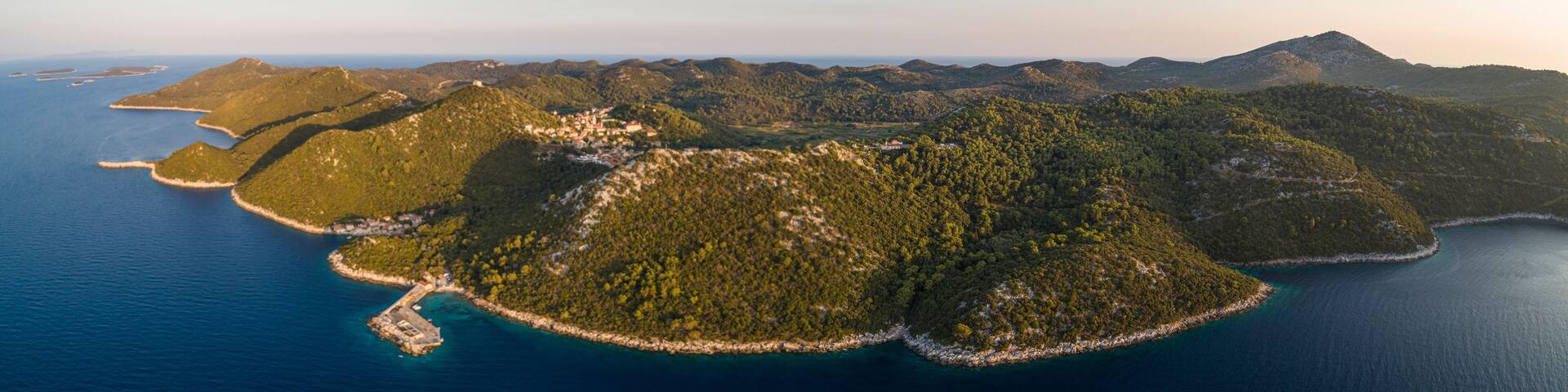 Panoramic aerial view of the endless coastline near Lastovo facing the Adriatic Sea, Croatia.