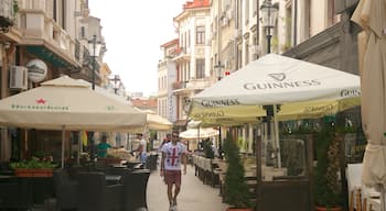 Lipscani which includes café lifestyle, street scenes and a city