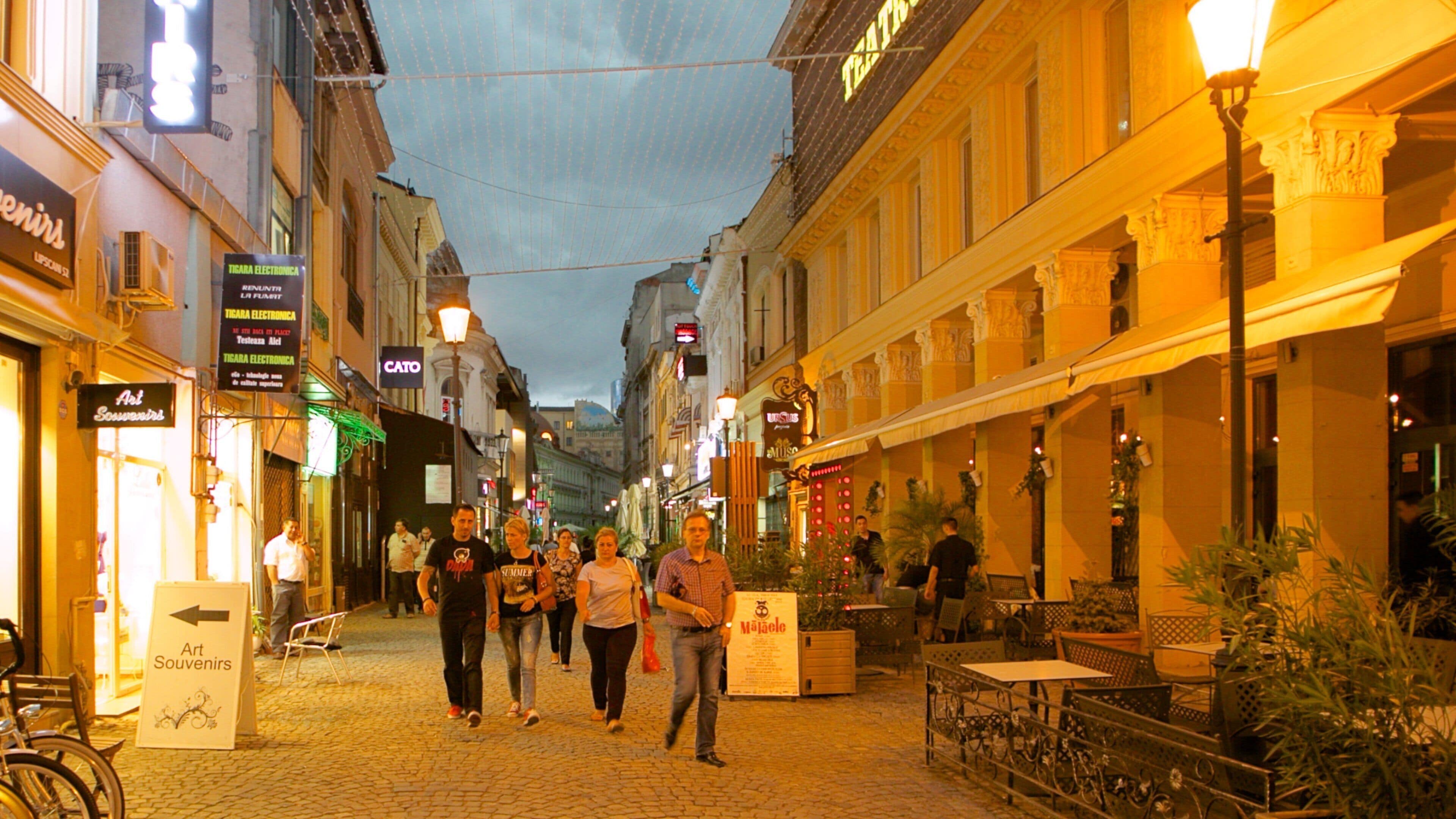 Lipscani featuring street scenes, night scenes and a city