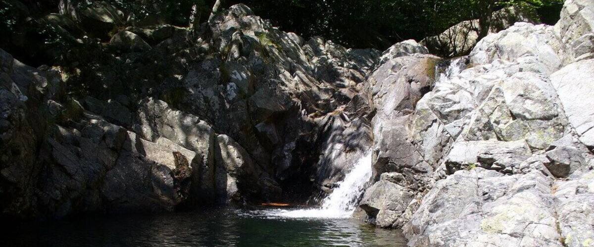 A clear, rocky stream with a waterfall, surrounded by large boulders and trees.