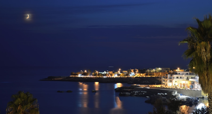 Un pueblo costero de noche con una luna creciente, mar tranquilo y edificios iluminados.