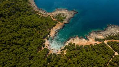 Aerial view of the beach in the Porto Selvaggio Regional Natural Park in Salento. It is a protected natural area of Puglia located in the province of Lecce, Italy.
