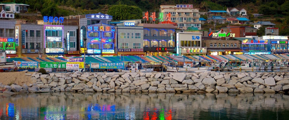 Sokcho som visar en kuststad och klippig kustlinje