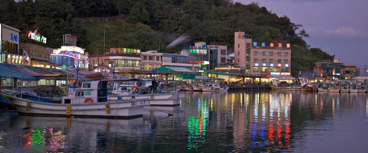 A harbor with boats docked, buildings, and a forested hill in the background.