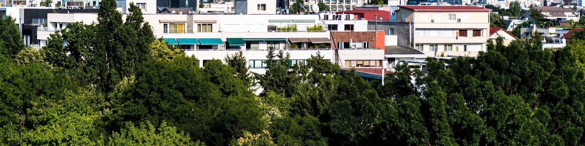 Panoramic view of Bucharest with the Aviatorilor area and the Charles de Gaulle Plaza building, Romanian Television and the Victory square with the Orange building.