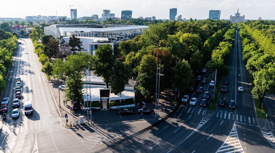 View of Bucharest with the Sports Museum, and in the background we have the House of the Free Press, World Trade Center, Chimcomplex, Expo Business Park and other important buildings.
