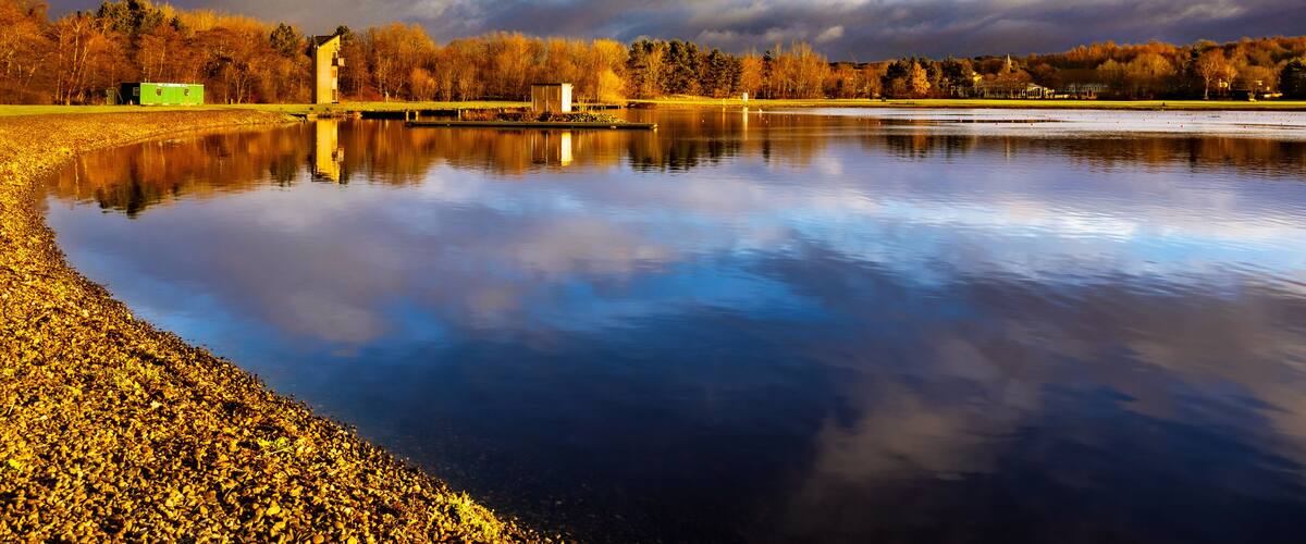 A calm lake with a reflection of the sky, surrounded by trees and a small building.