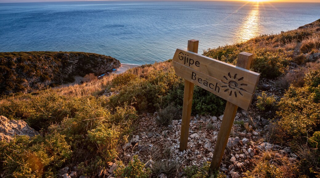 bay, beach and calcareous canyon of Gjipe at sunset, Vlore, Albania