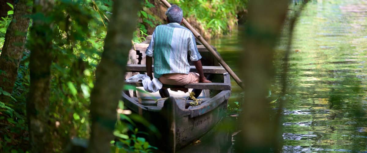 A man in a boat surrounded by dense forest and water.