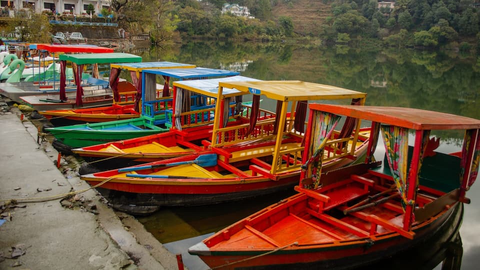 Colorful boats docked at a riverside pier with a backdrop of trees and buildings.
