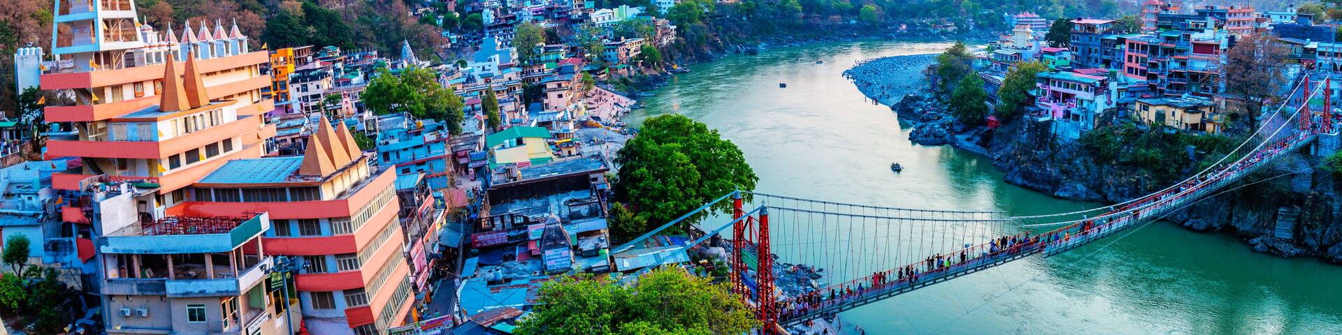Rishikesh, yoga city India, Ganges River valley, Ganga, Uttarakhand during sunset. Rafting, raft