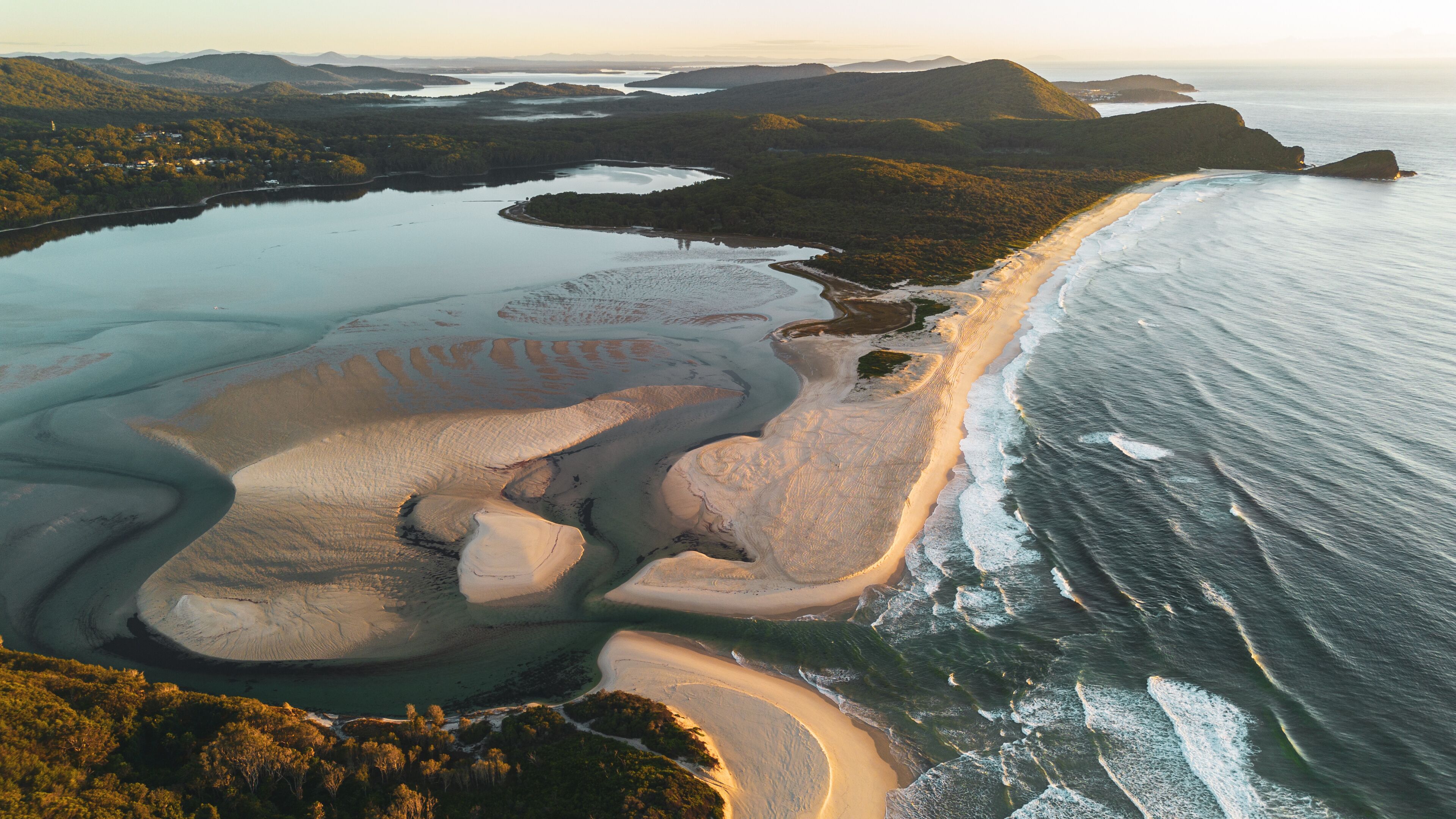 Aerial View of Sandbar Beach and Smiths Lake at Seal Rocks NSW Australia