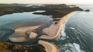 A coastal landscape with a sandy beach, calm waters, and surrounding hills.