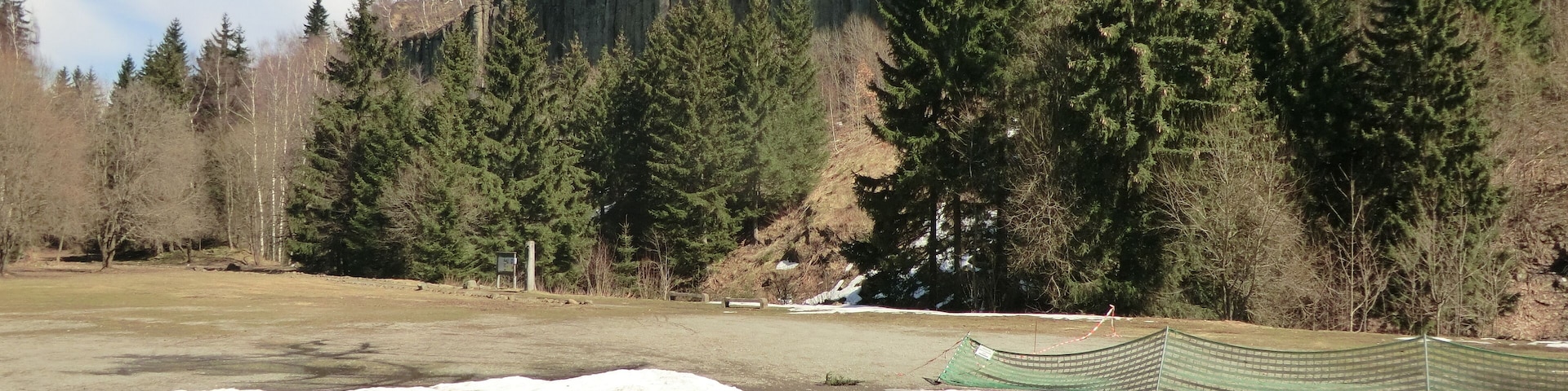 A snowy field with a green netted area, surrounded by dense forest and a steep cliff.