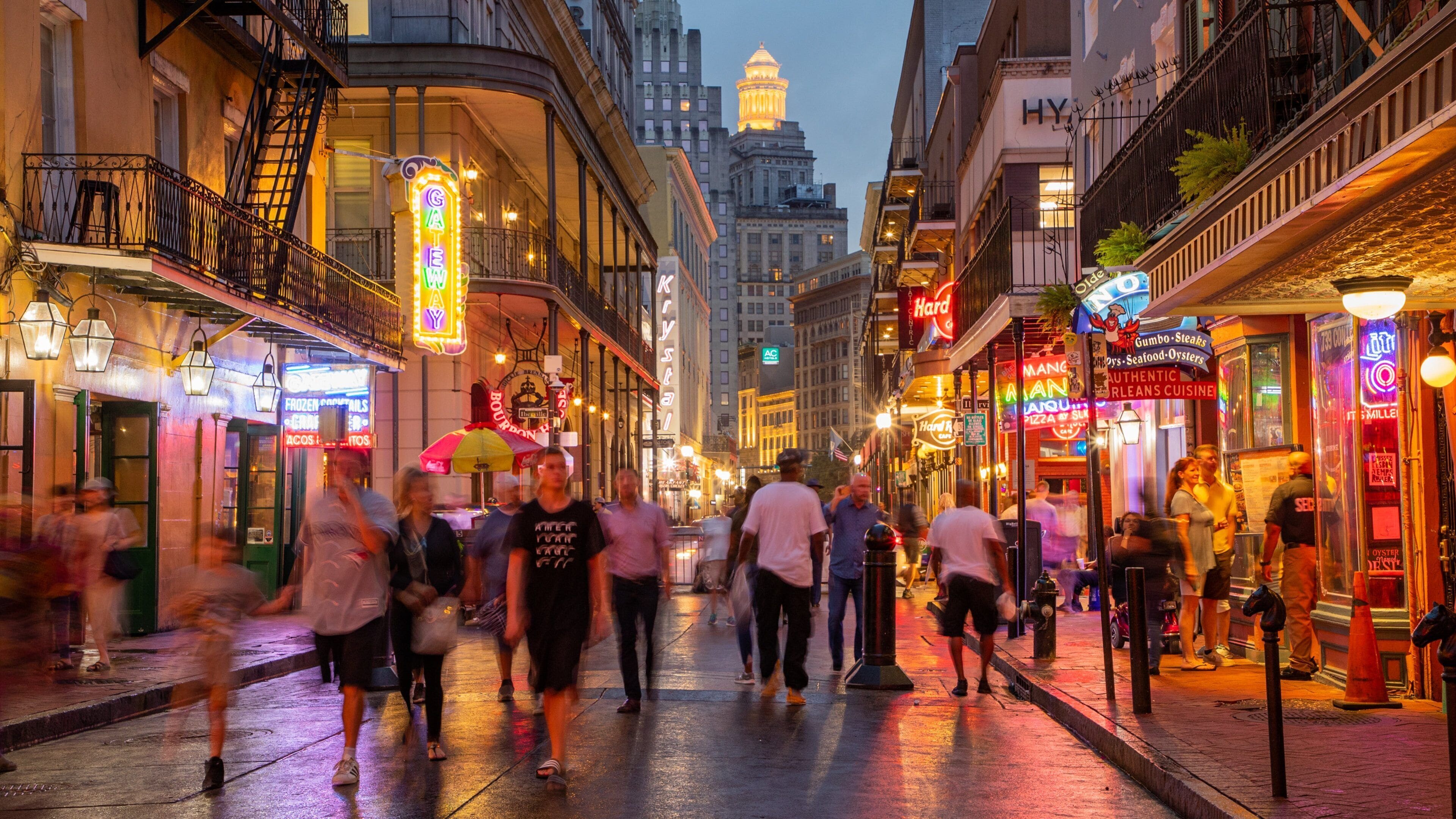 Bourbon Street featuring nightlife, street scenes and a city