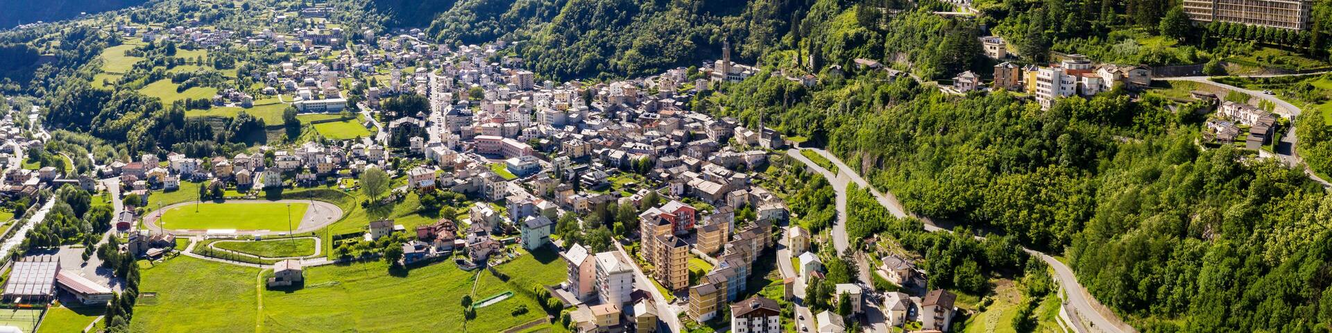 Aerial view of the city of Sondalo in Valtellina, Italy