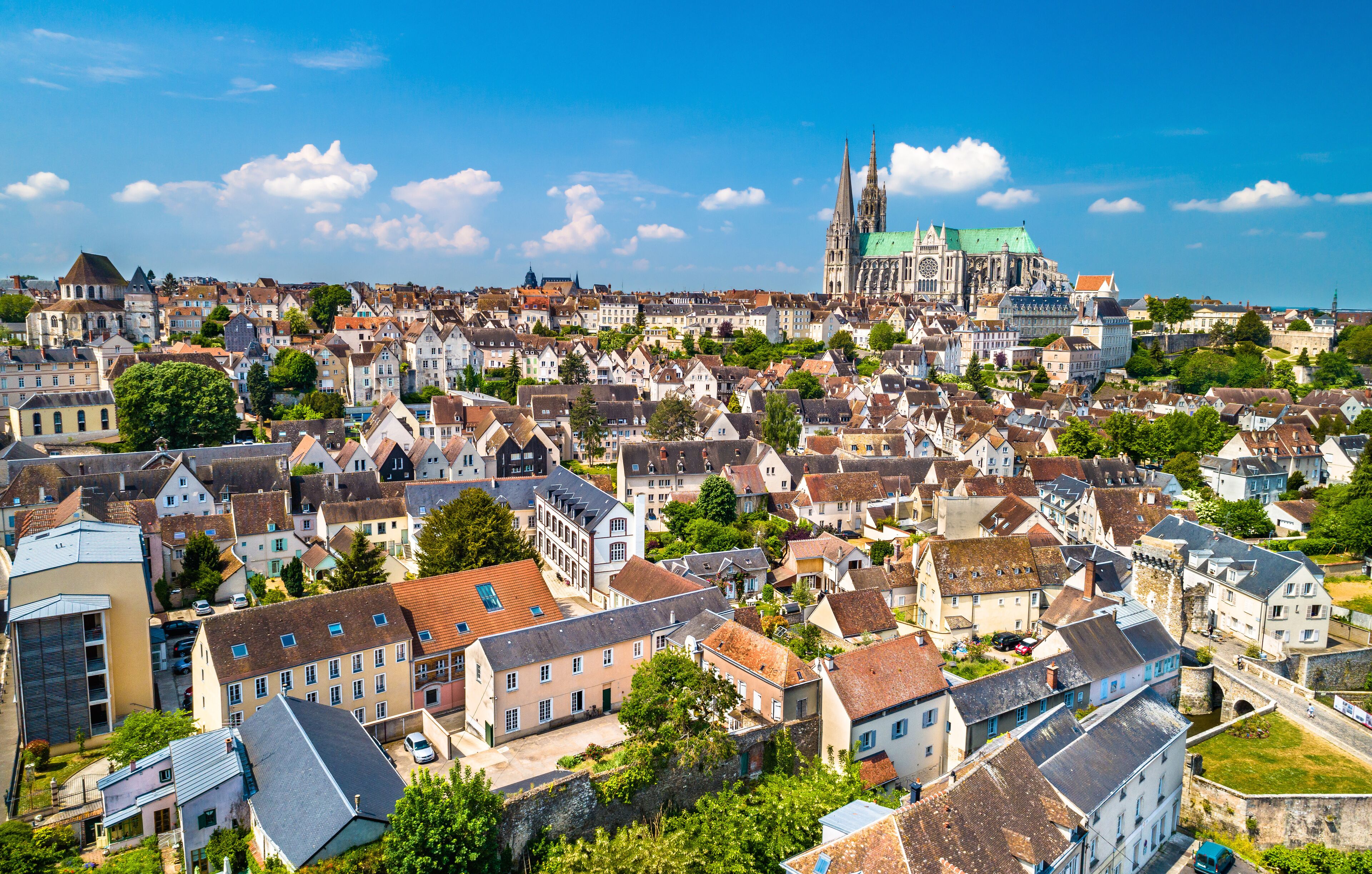 Aerial view of Chartres city with the Cathedral. A UNESCO world heritage site in Eure-et-Loir, France