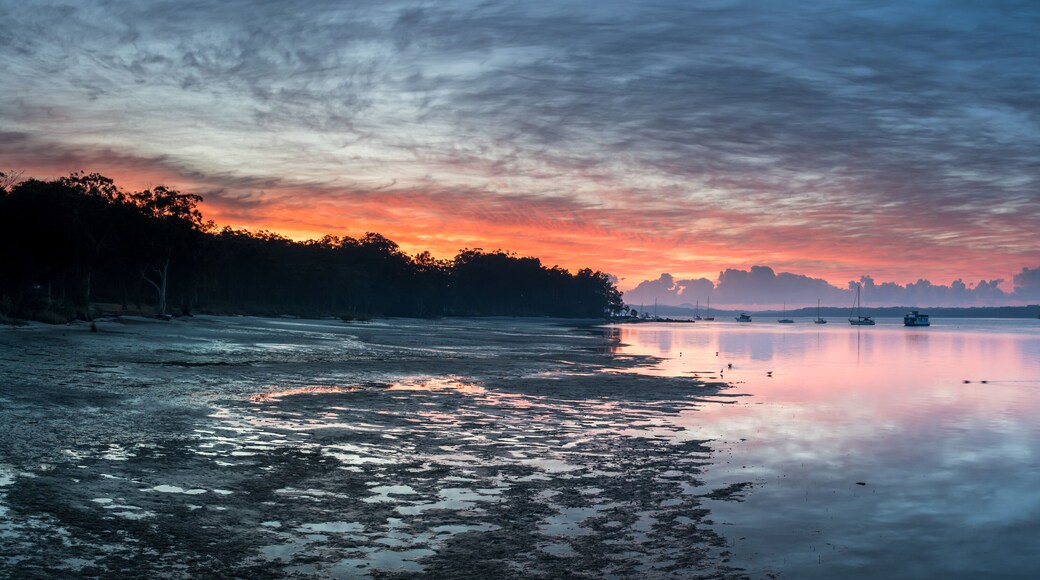 Sunrise Waterscape Panorama with High Cloud, Boats and Reflections