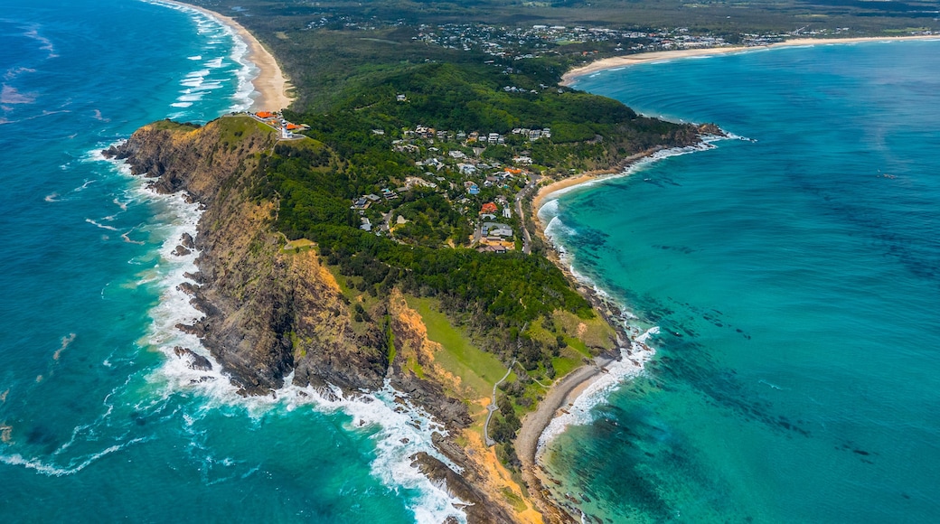 An aerial view of a coastal area with a curving beach, dense green vegetation, and clear turquoise waters.