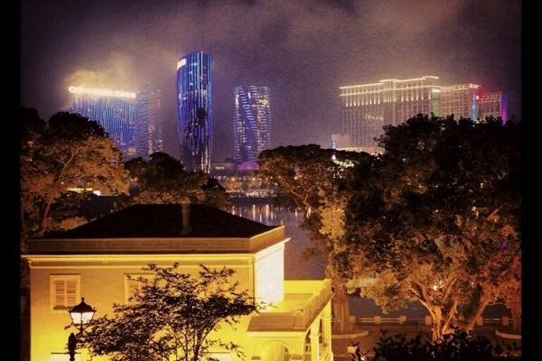 A nighttime cityscape with illuminated buildings and a tree-lined foreground.