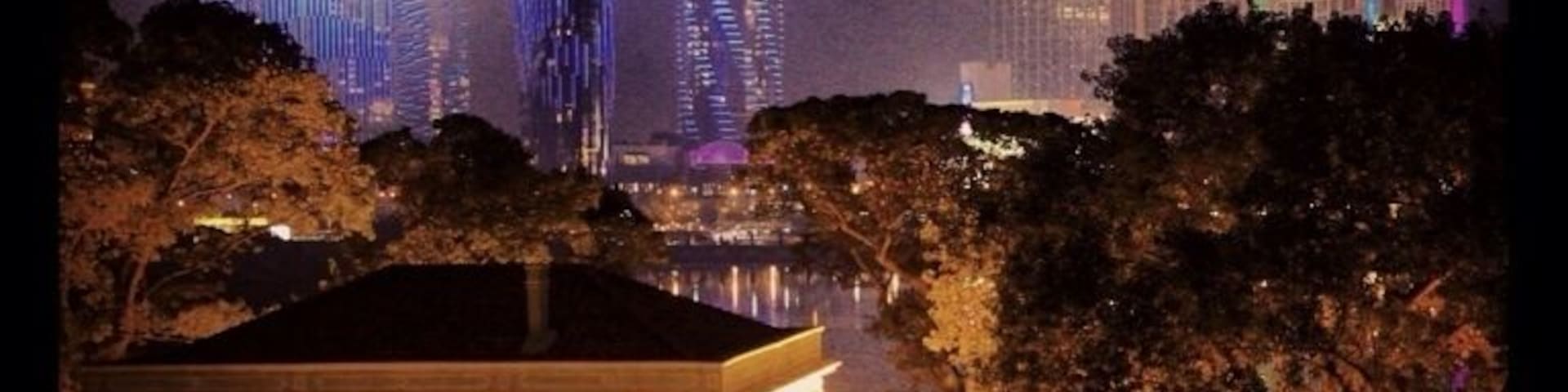 Un paisaje urbano nocturno con edificios iluminados y un primer plano con árboles.
