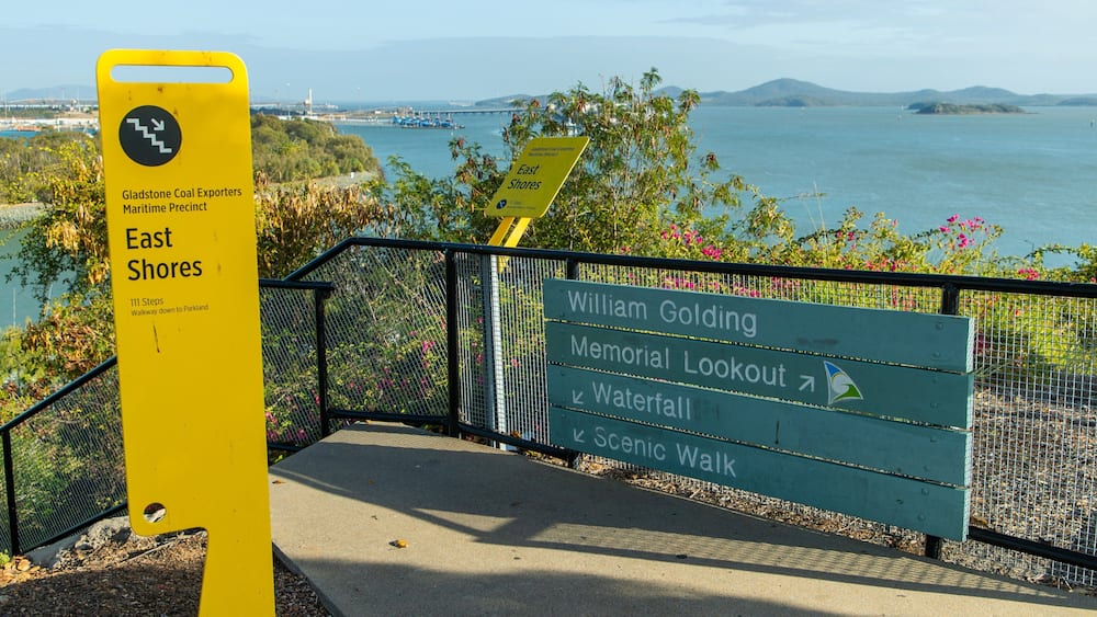 A signpost with directions to East Shores, William Golding Memorial Lookout, Watertfall, and Scenic Walk.