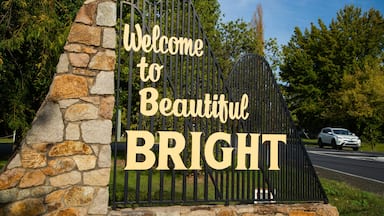 Un muro de piedra con una reja de metal y un cartel que dice 'Welcome to Beautiful BRIGHT'.