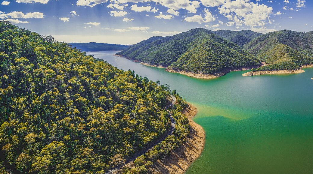 Aerial panorama of Lake Burrinjuck on bright summer day. New South Wales, Australia.