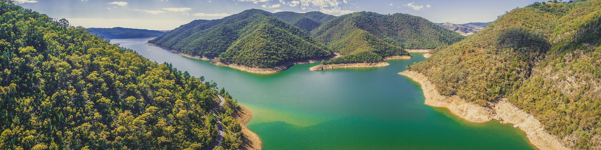 Aerial panorama of Lake Burrinjuck on bright summer day. New South Wales, Australia.