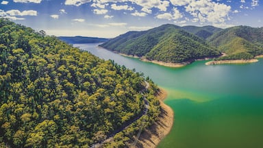 Aerial panorama of Lake Burrinjuck on bright summer day. New South Wales, Australia.