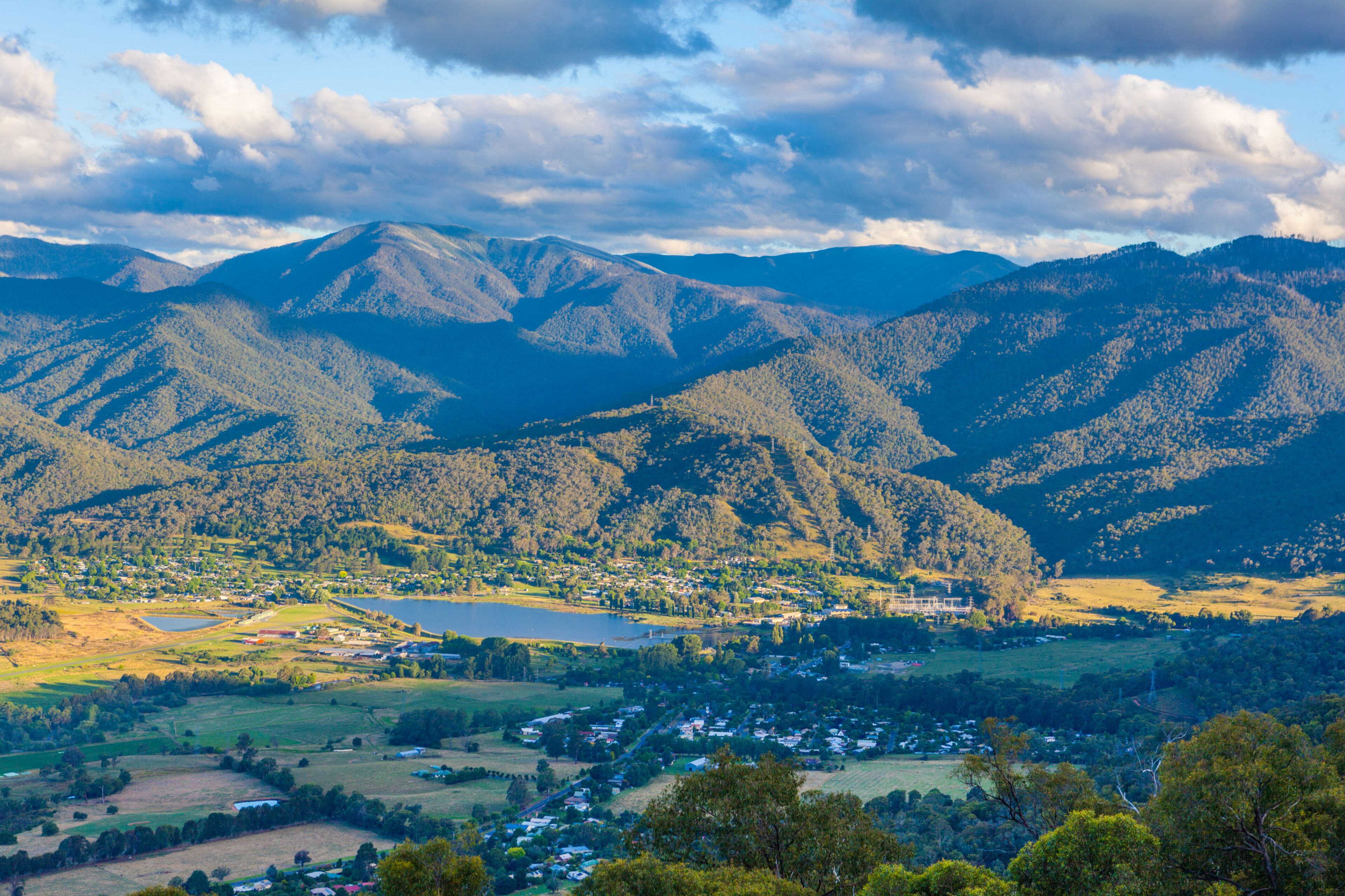Aerial view of Mount Beauty town and pondage. Kiewa valley, Victoria, Australia
