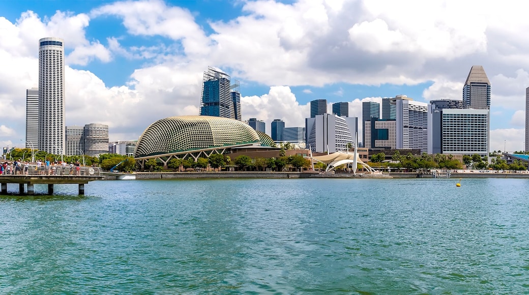 A panorama view from a riverboat across the bay on the Singapore river towards the esplanade in Singapore, Asia