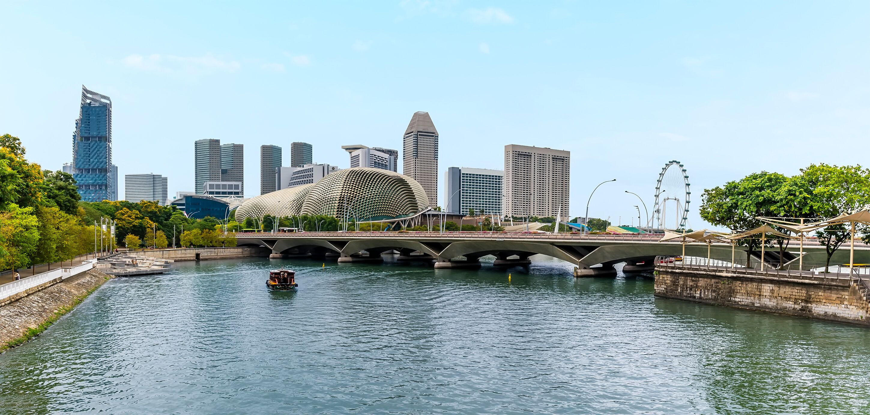 A panorama view down the Singapore river from the Anderson Bridge in Singapore, Asia
