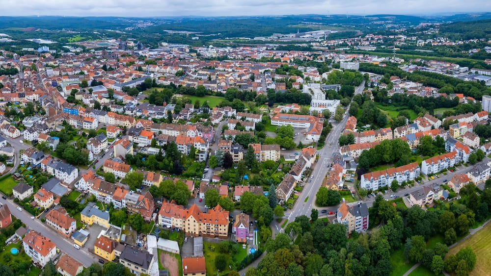 Aerial View Of The City Neunkirchen In Germany on a cloudy spring day