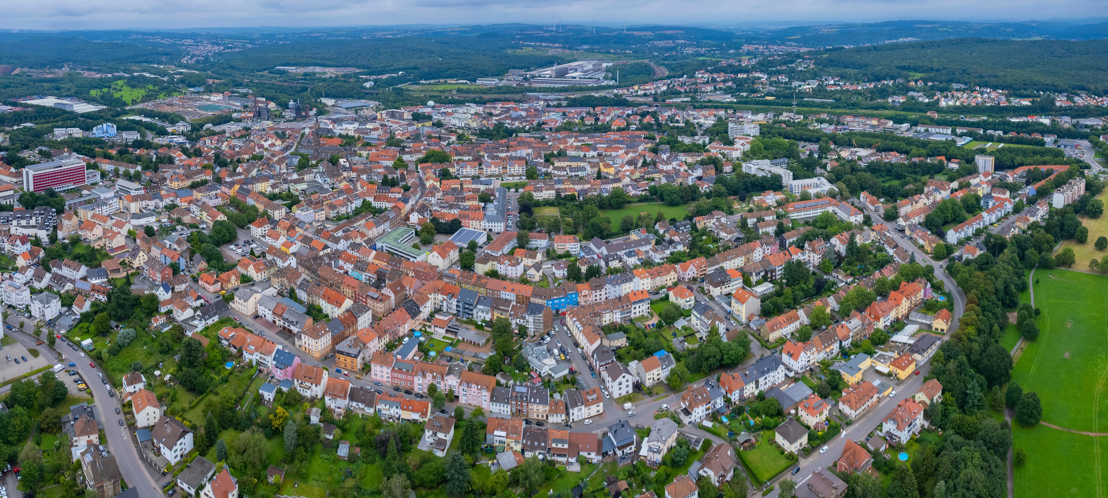 Aerial View Of The City Neunkirchen In Germany on a cloudy spring day