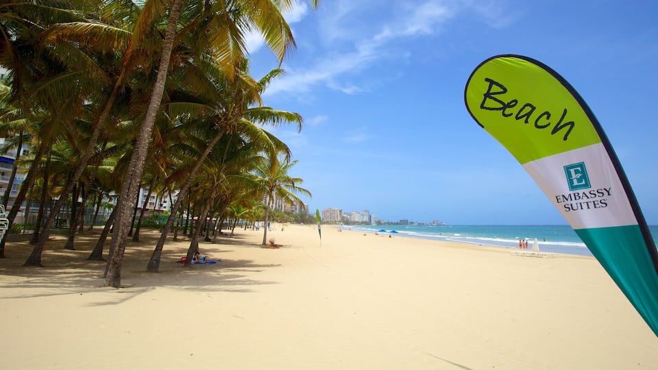 Isla Verde Beach which includes a sandy beach, tropical scenes and signage