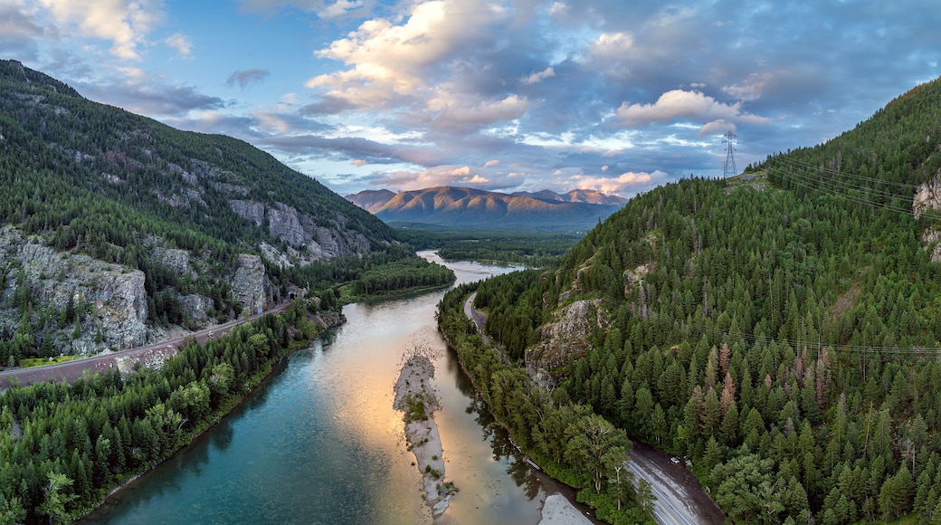 Flathead River, Hungry Horse, Montana. USA. Near western entrance of Glacier National Park. Serene River Valley at Sunset