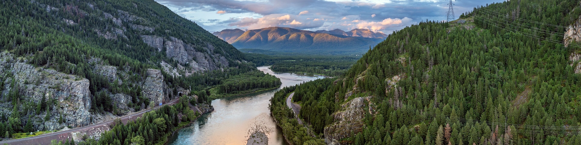 Flathead River, Hungry Horse, Montana. USA. Near western entrance of Glacier National Park.  Serene River Valley at Sunset