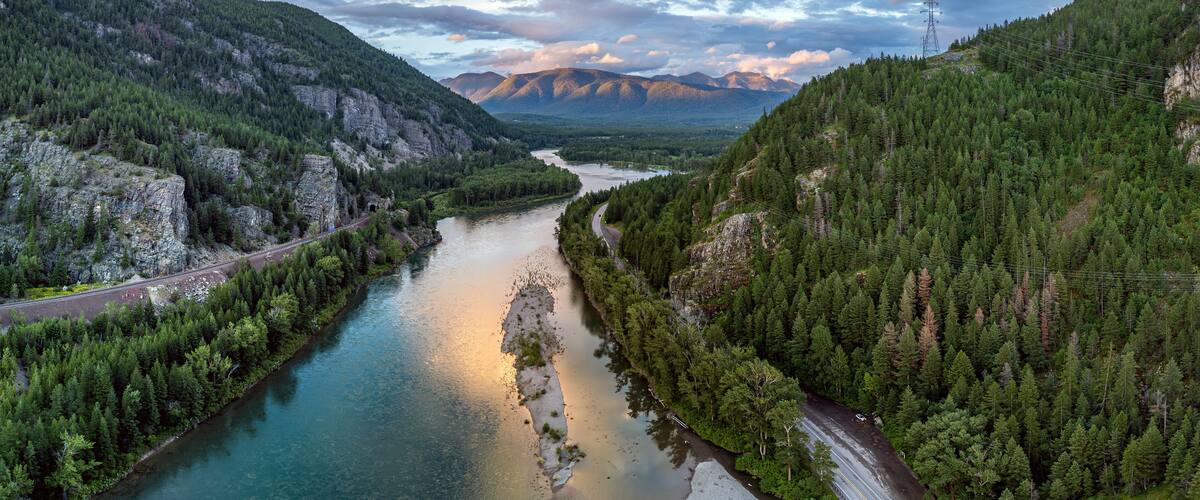 Flathead River, Hungry Horse, Montana. USA. Near western entrance of Glacier National Park. Serene River Valley at Sunset