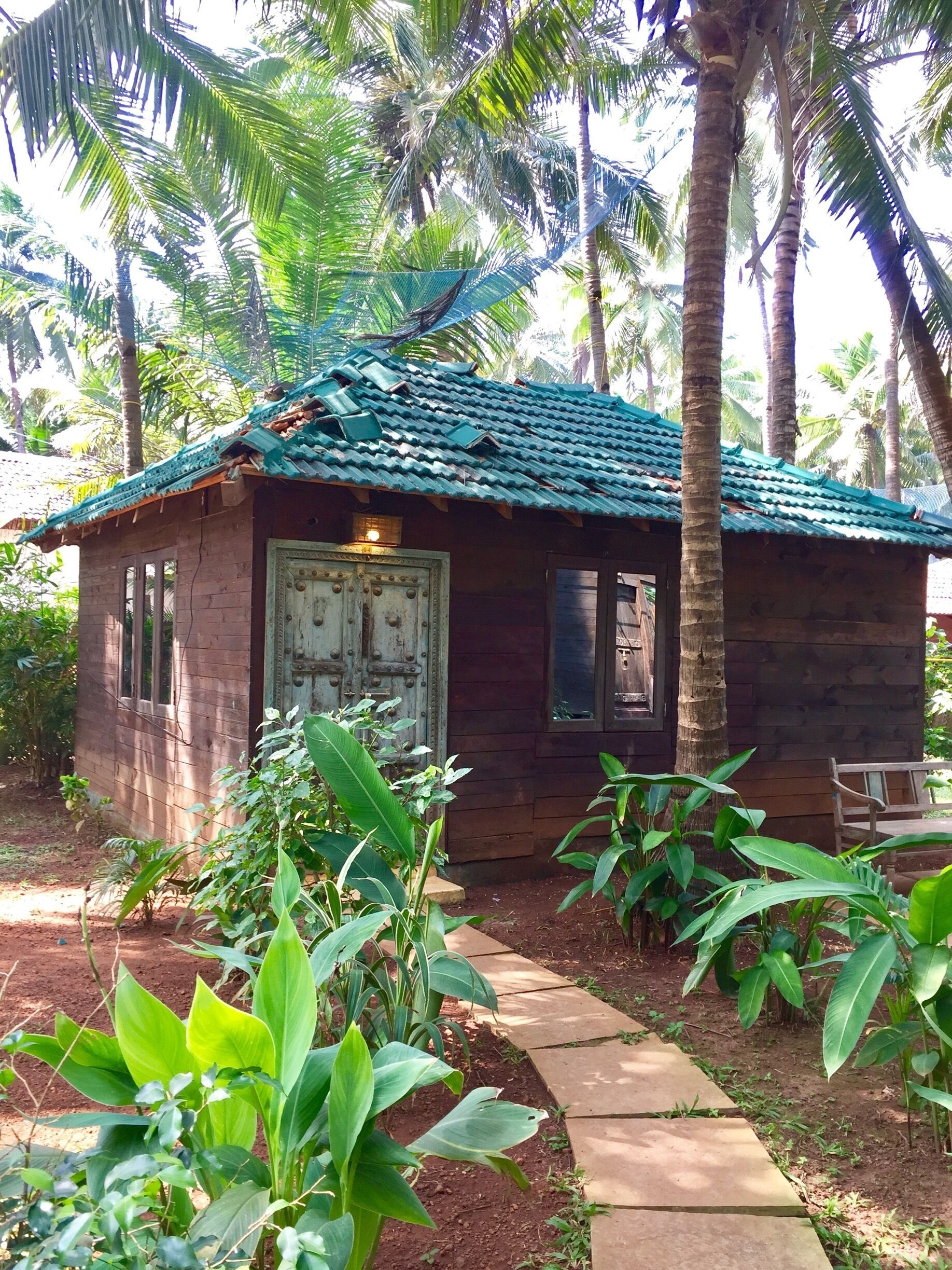 A small wooden house with a green tiled roof, surrounded by lush greenery and palm trees.