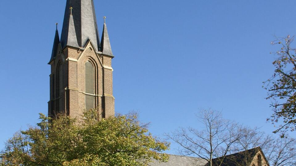 A church with a tall spire and a large tree in front.