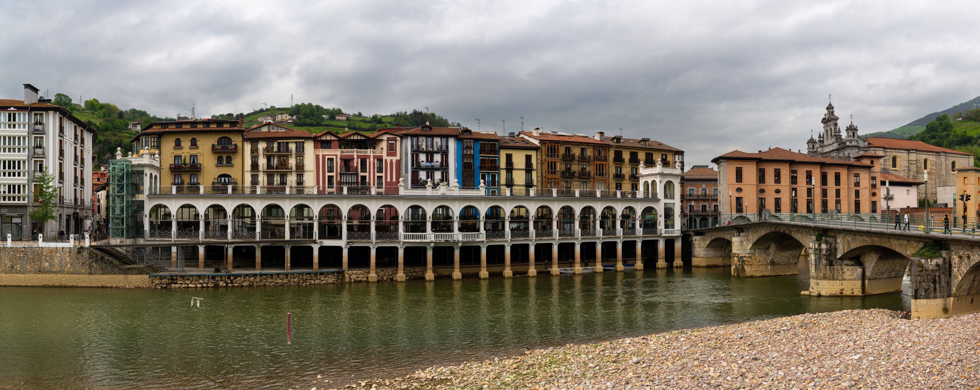 panorama view of the historic city center of Tolosa and the Oria River in the Spanish Basque Country