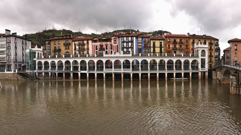 A riverside cityscape with historic buildings and a bridge.