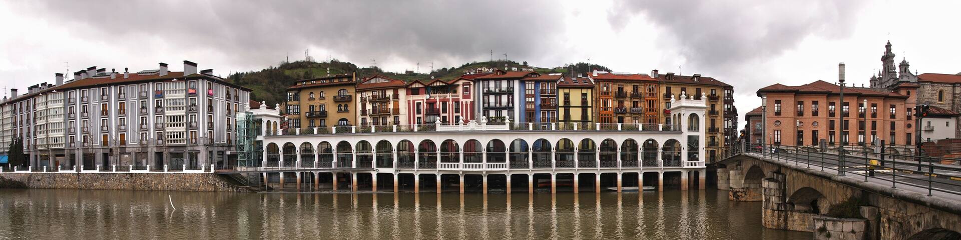 View of Tolosa, Oria river, town market and Santa Maria Church