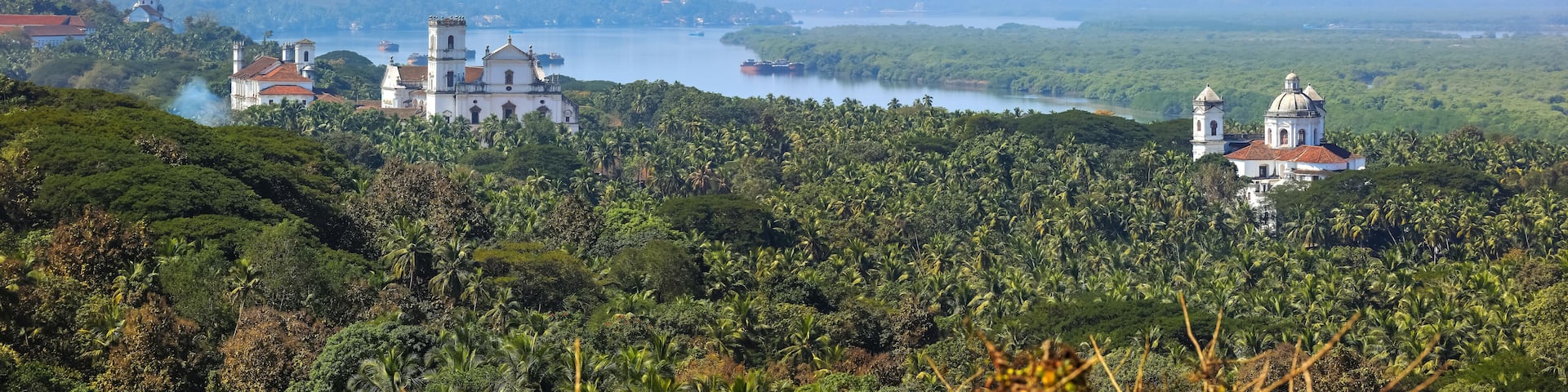 Aerial view of historic buildings in Goa, India.