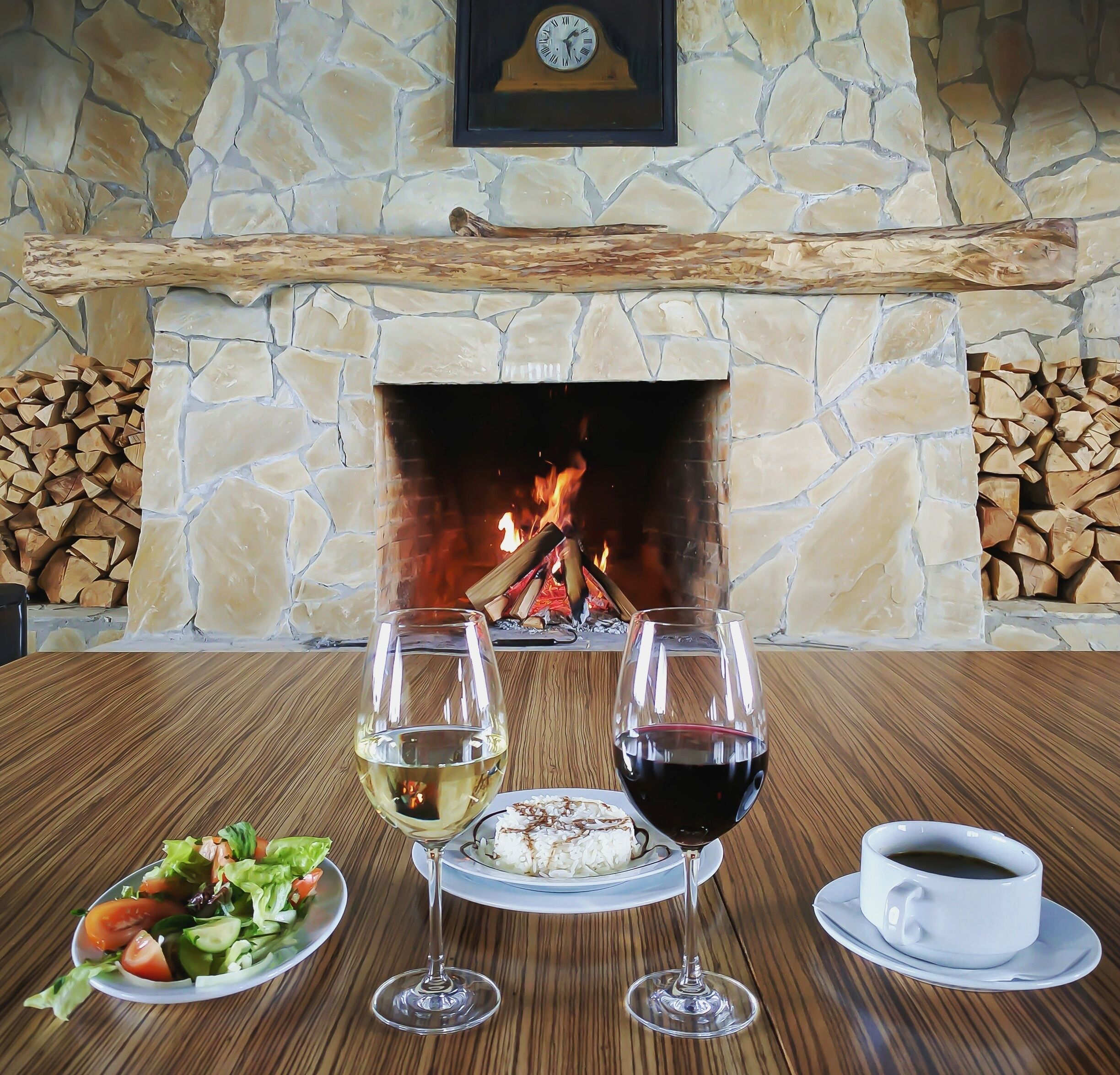 Scrumptious meal with truly amazing dry white wine by the fireplace! 
.
#alpina #travel #georgia #gudauri #lunch #food 