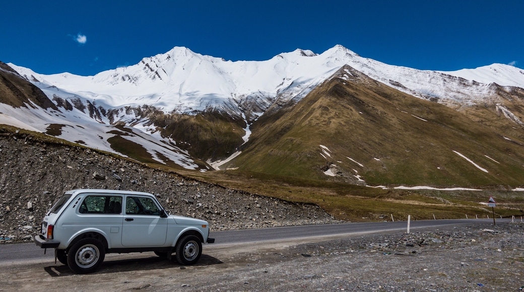 The Georgian Military Highway crosses the Greater Caucasus Mountains at Jvari Pass (2,379m), near the ski resort of Gudauri. Located only a few hours north of Tbilisi, a road trip here can be done in a day, but more time should be given so that some of the side valleys and mountains in this region can be explored on foot or by car. #lifeatexpedia #roadtrip #mountains #georgia