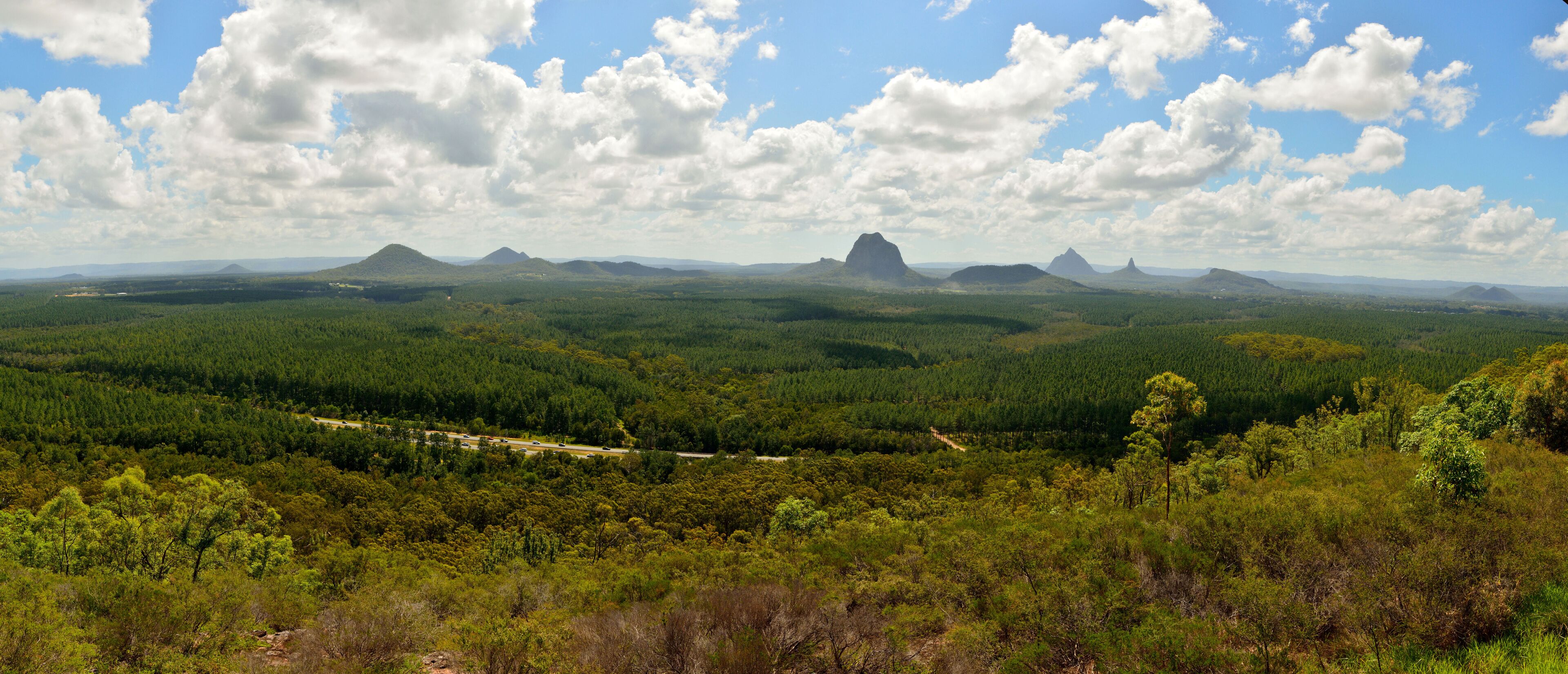 Panoramic view of Glass House Mountains in Queensland, Australia.